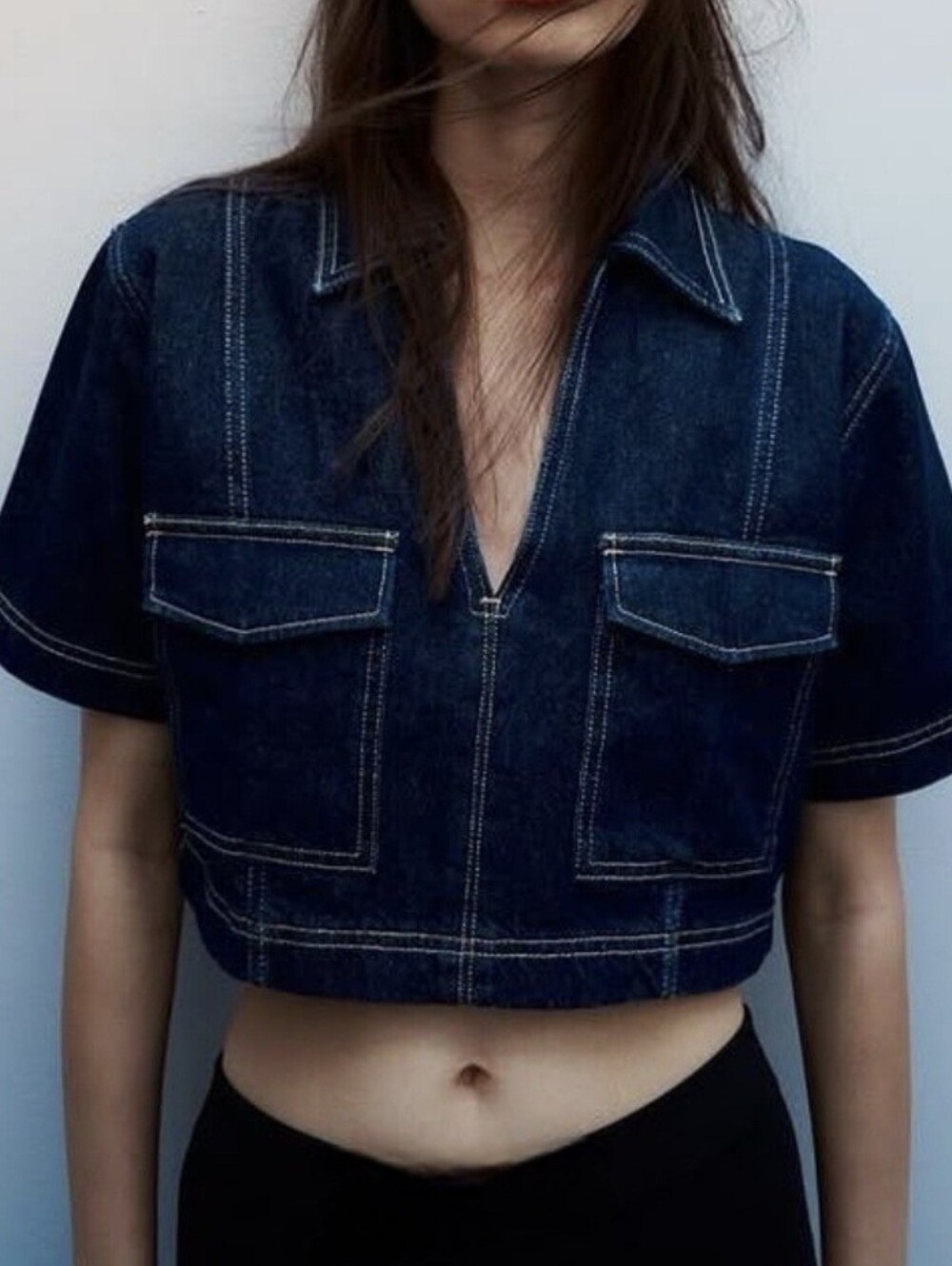 ZARA Cropped Denim Utility Shirt Contrast Stitch Top Cotton Dark Wash Pockets XL